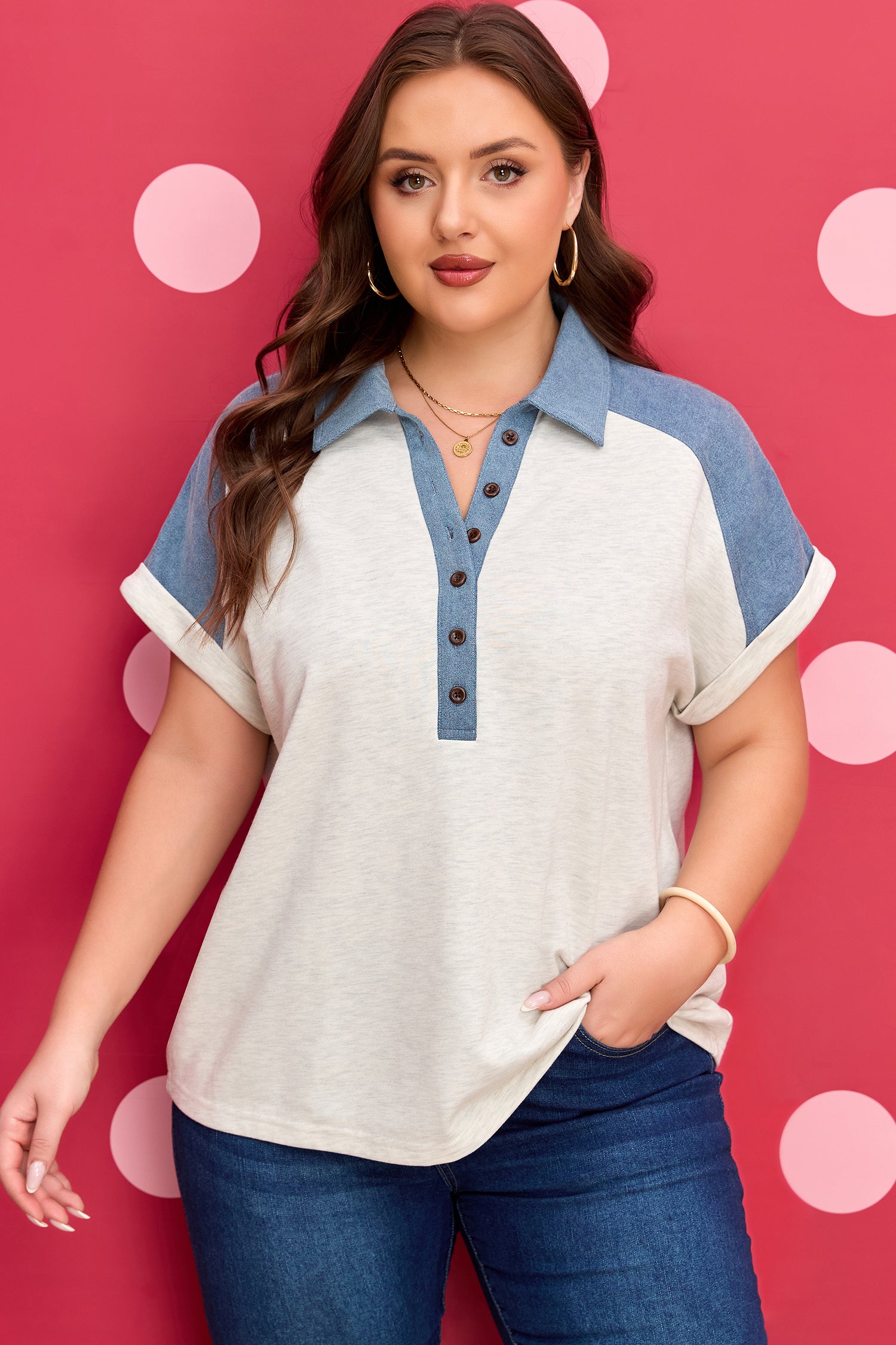 Beige Plus Size Contrast Denim Patchwork Cuffed Sleeve Polo Tee