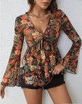 Western Printed Bell Sleeve Blouse