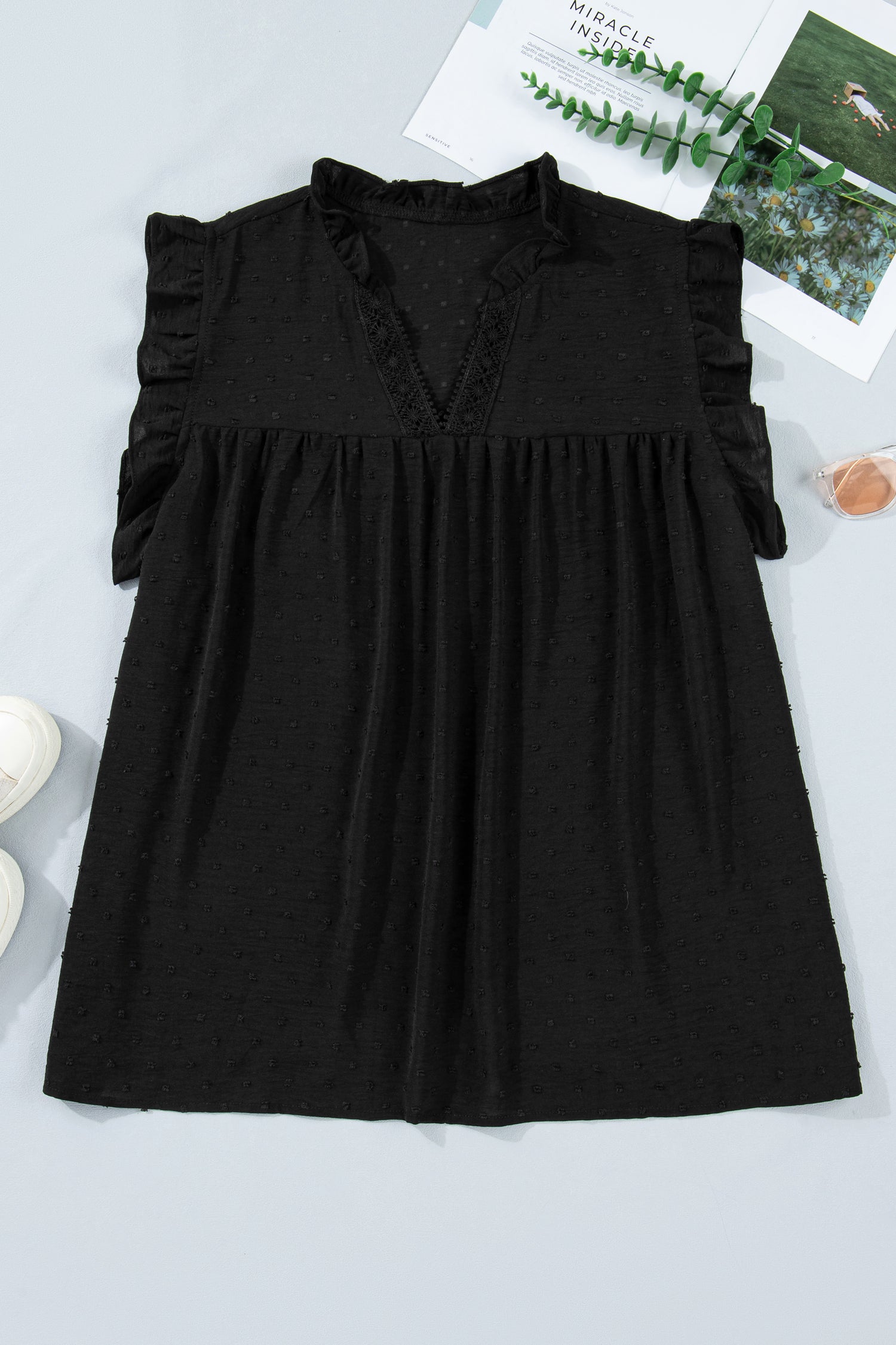 Black Plus Size Swiss Dot Ruffle Lace Trim V Neck Tank Top