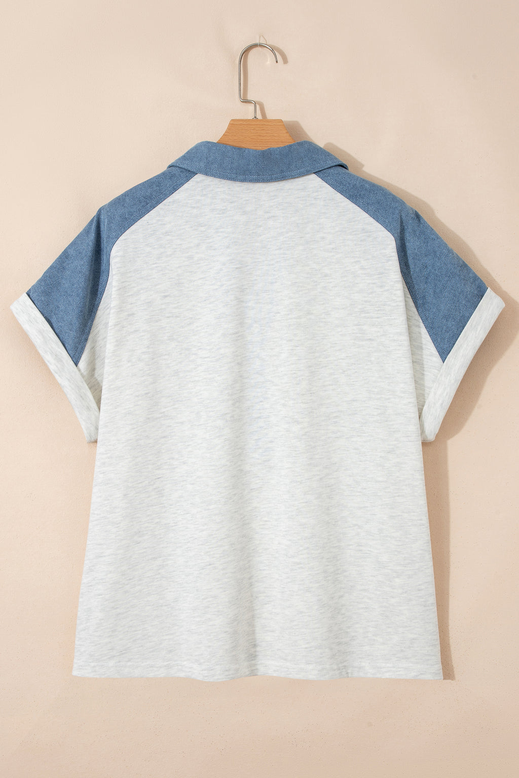 Beige Plus Size Contrast Denim Patchwork Cuffed Sleeve Polo Tee