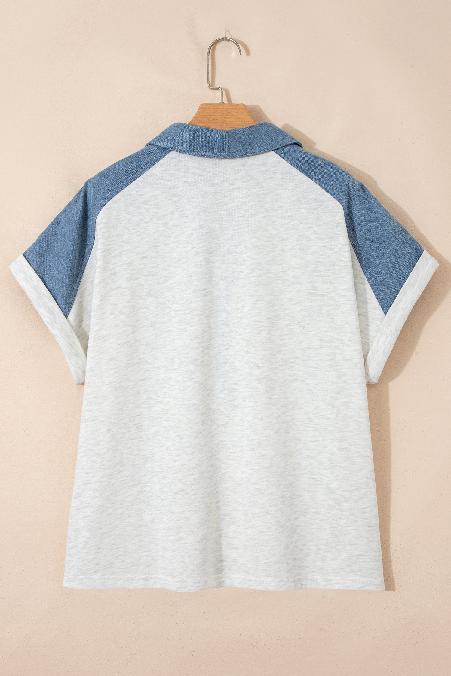 Beige Plus Size Contrast Denim Patchwork Cuffed Sleeve Polo Tee