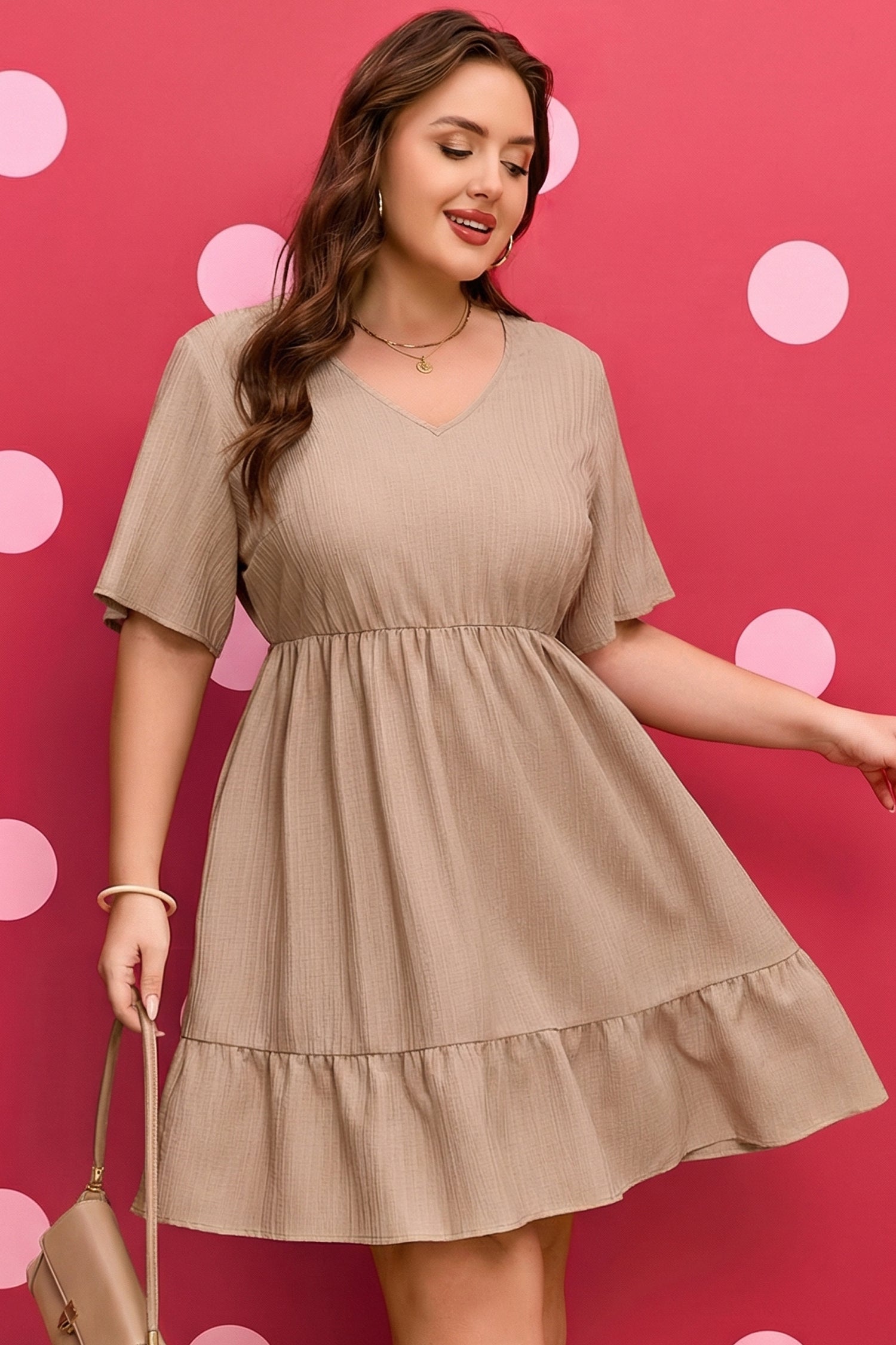 Dark Khaki Plus Size Textured Ruffled Short Sleeve Dress