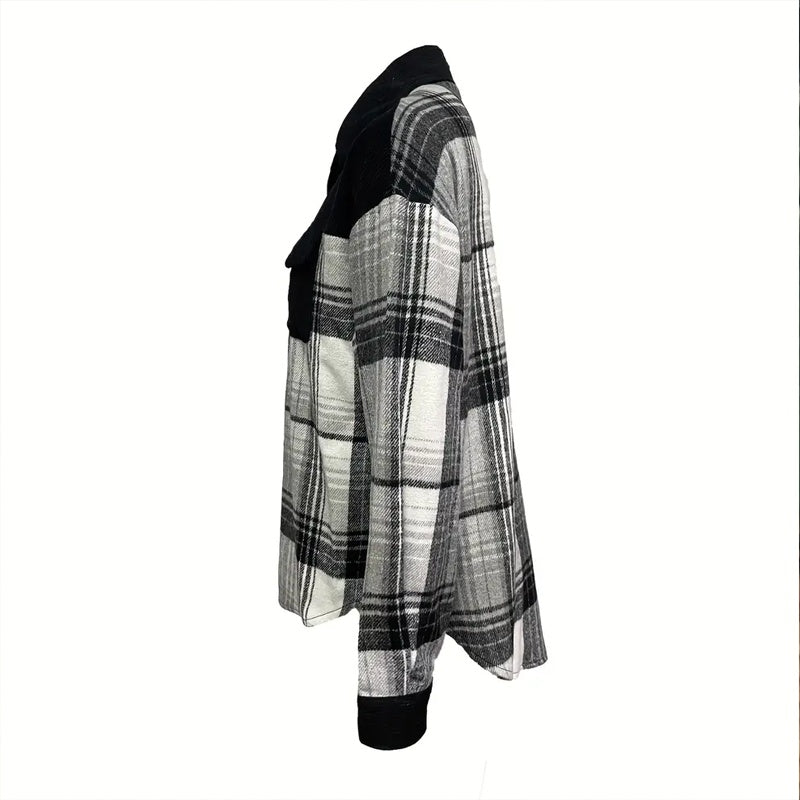 Women's Notch Lapel Check Print Long Sleeve Shirt - Button Front Pocket Detail Casual Blouse