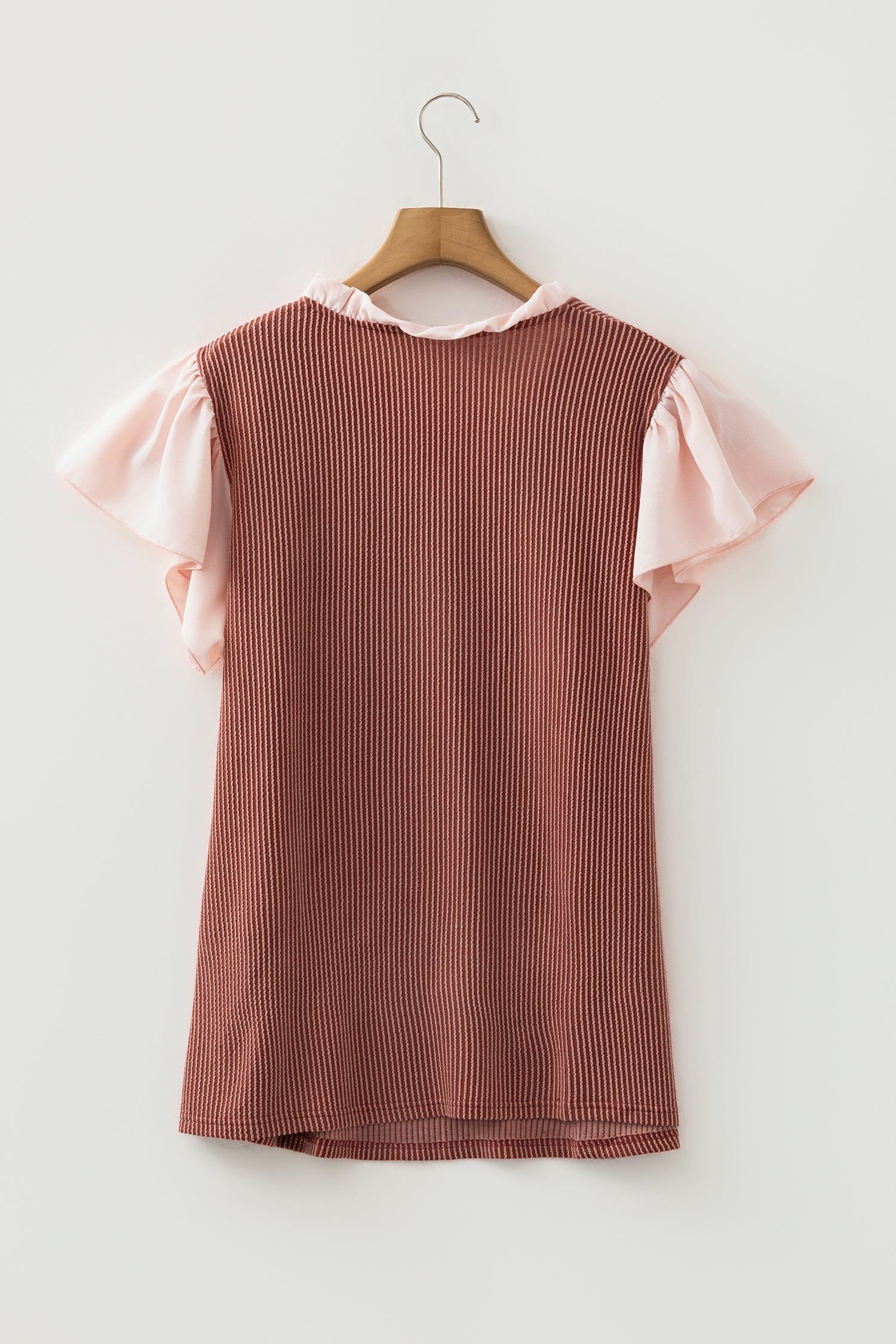 Rose Pink Plus Size Contrast Frilled Neckline Ruffled Short Sleeve Ribbed Textured Blouse