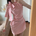 Pink Plaid Bow Neckline Sleeveless Dress for Women, Irregular Fitted Slimming Sexy Bodycon Mini Dress