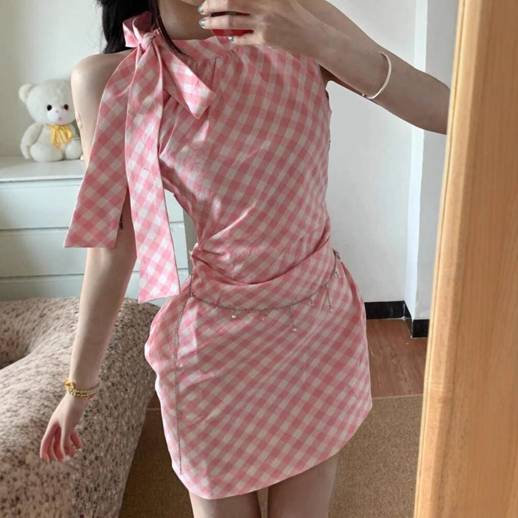 Pink Plaid Bow Neckline Sleeveless Dress for Women, Irregular Fitted Slimming Sexy Bodycon Mini Dress