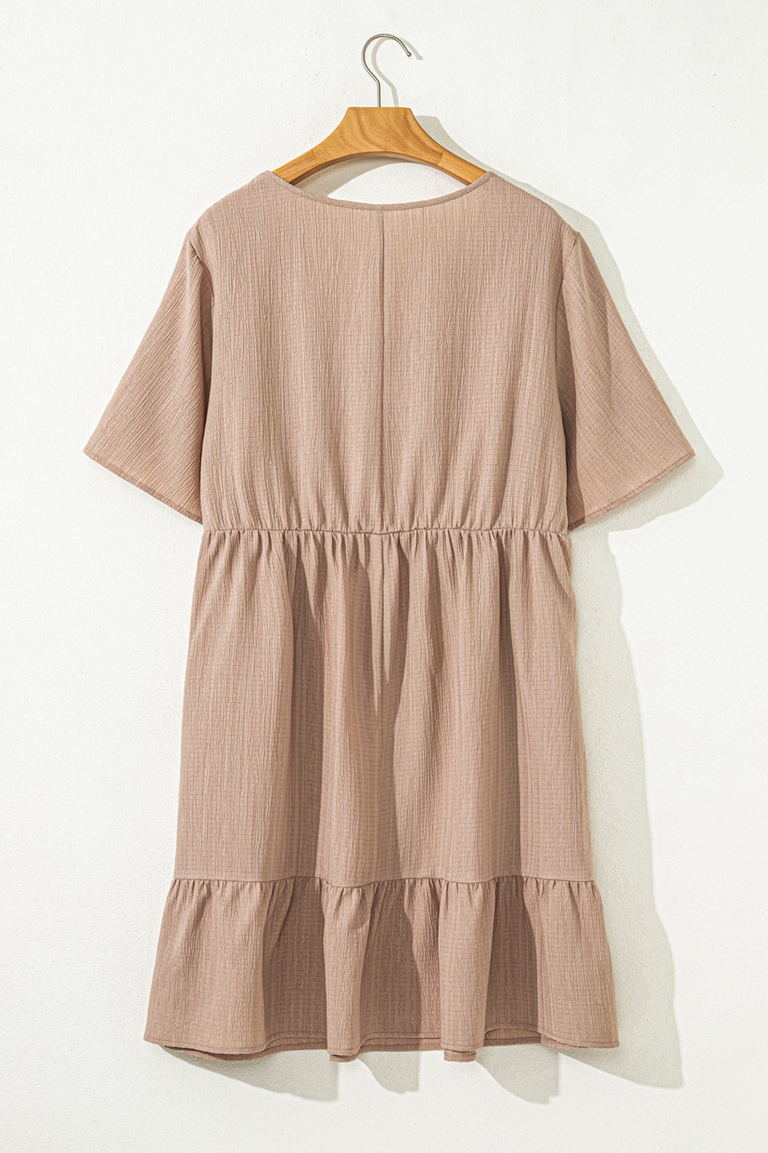 Dark Khaki Plus Size Textured Ruffled Short Sleeve Dress