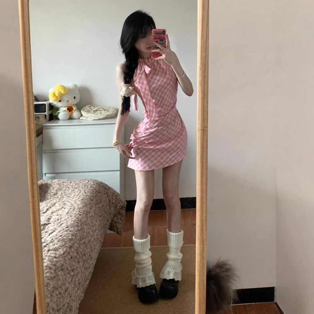 Pink Plaid Bow Neckline Sleeveless Dress for Women, Irregular Fitted Slimming Sexy Bodycon Mini Dress