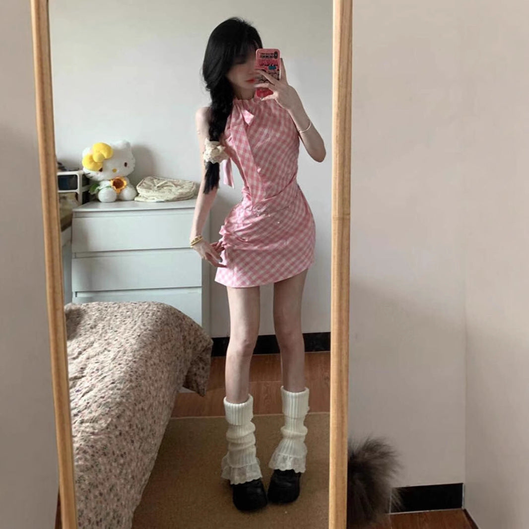Pink Plaid Bow Neckline Sleeveless Dress for Women, Irregular Fitted Slimming Sexy Bodycon Mini Dress