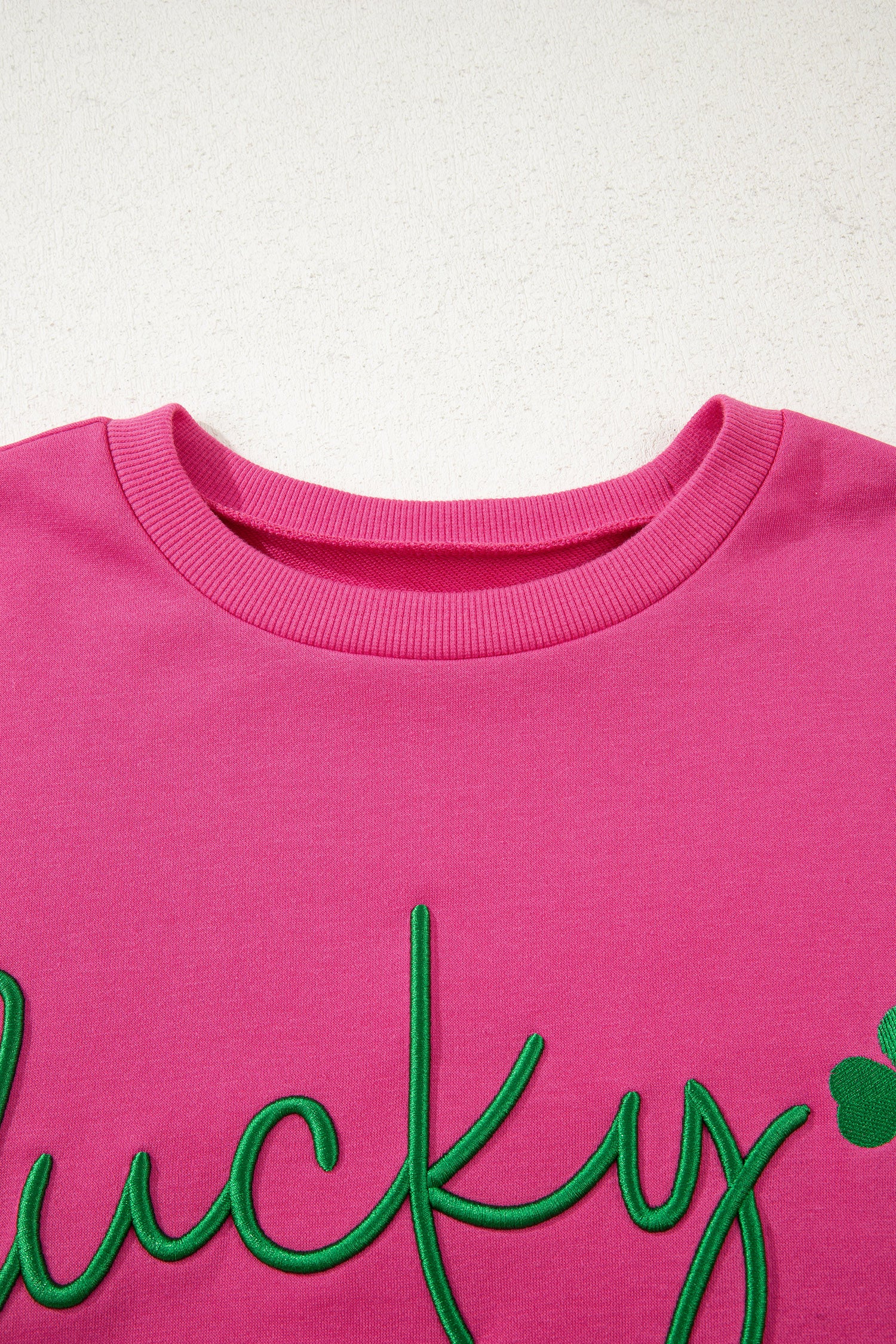 Rose Red Lucky Clover Embroidered Loose Pullover Sweatshirt