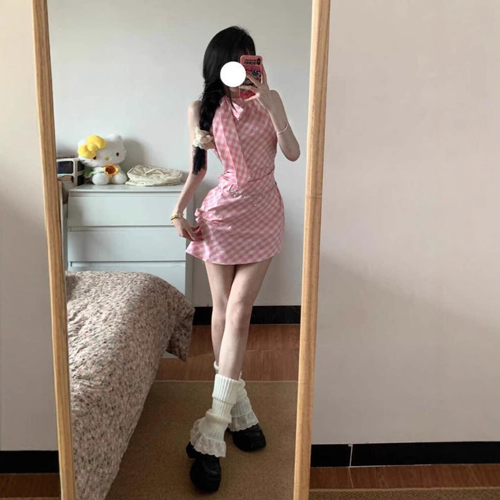Pink Plaid Bow Neckline Sleeveless Dress for Women, Irregular Fitted Slimming Sexy Bodycon Mini Dress