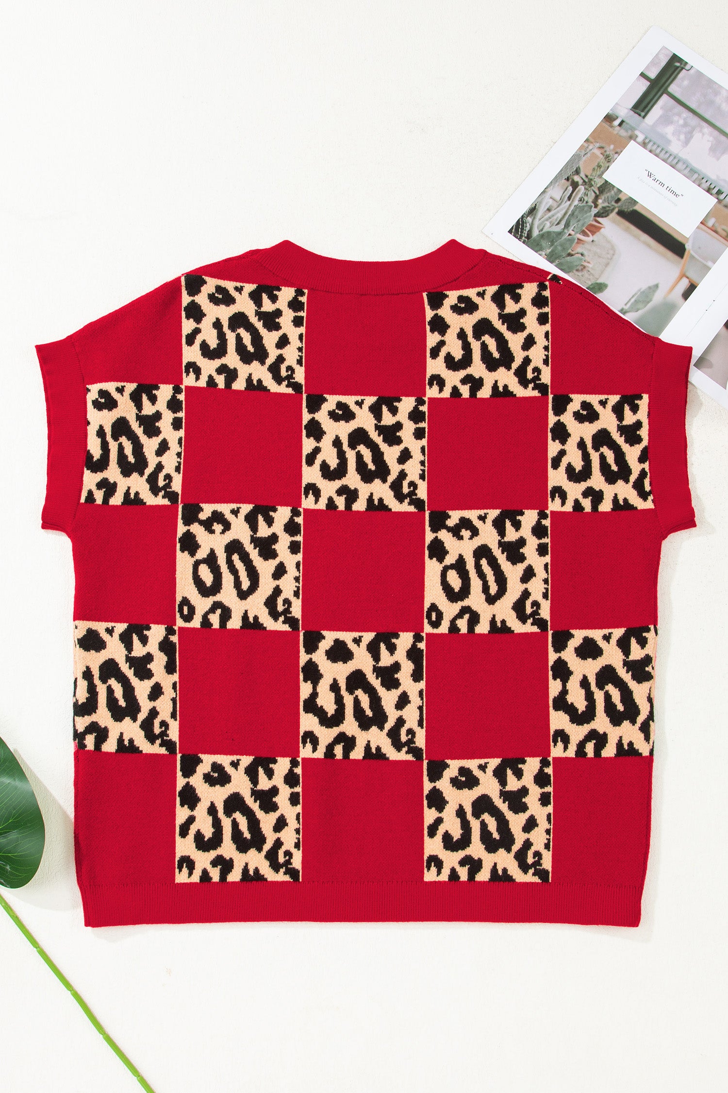 Red Leopard Checkerboard Short Sleeve Knit Sweater