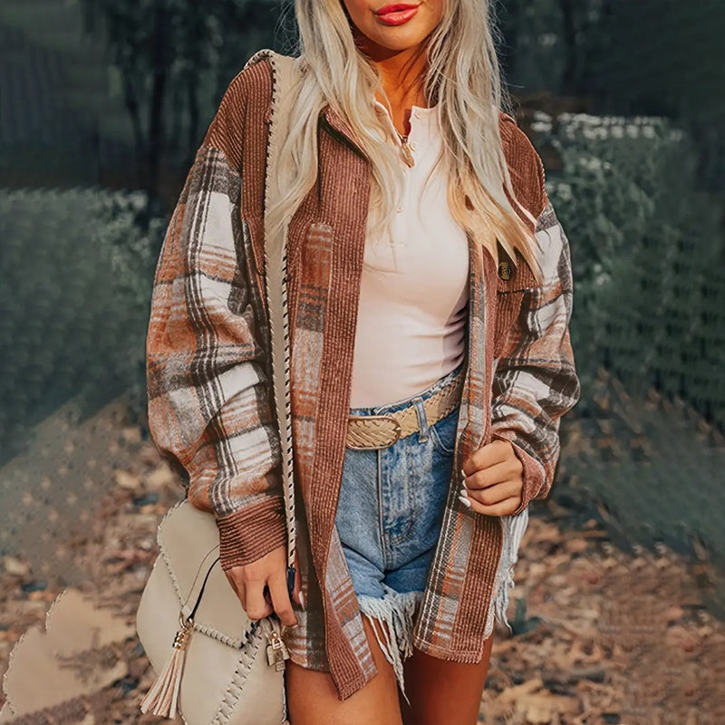 Women's Notch Lapel Check Print Long Sleeve Shirt - Button Front Pocket Detail Casual Blouse