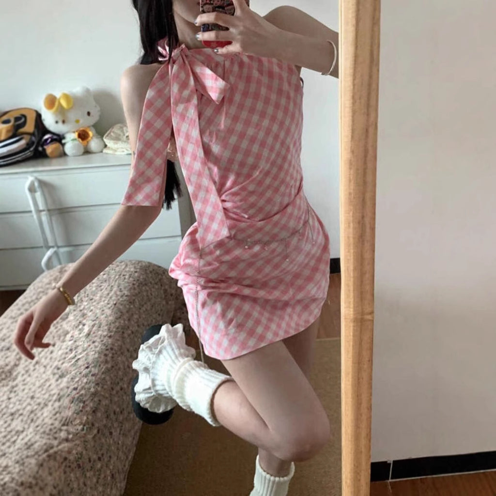 Pink Plaid Bow Neckline Sleeveless Dress for Women, Irregular Fitted Slimming Sexy Bodycon Mini Dress