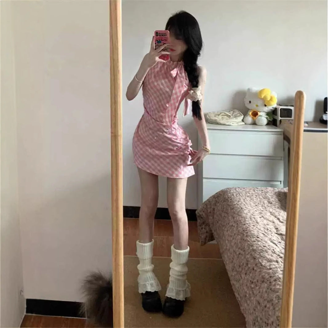 Pink Plaid Bow Neckline Sleeveless Dress for Women, Irregular Fitted Slimming Sexy Bodycon Mini Dress