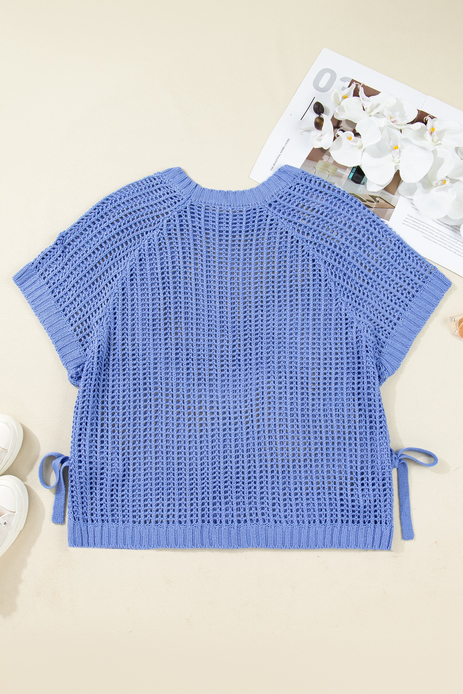 Ashleigh Blue Plus Size Open Knit Bow Tie Short Sleeve Sweater