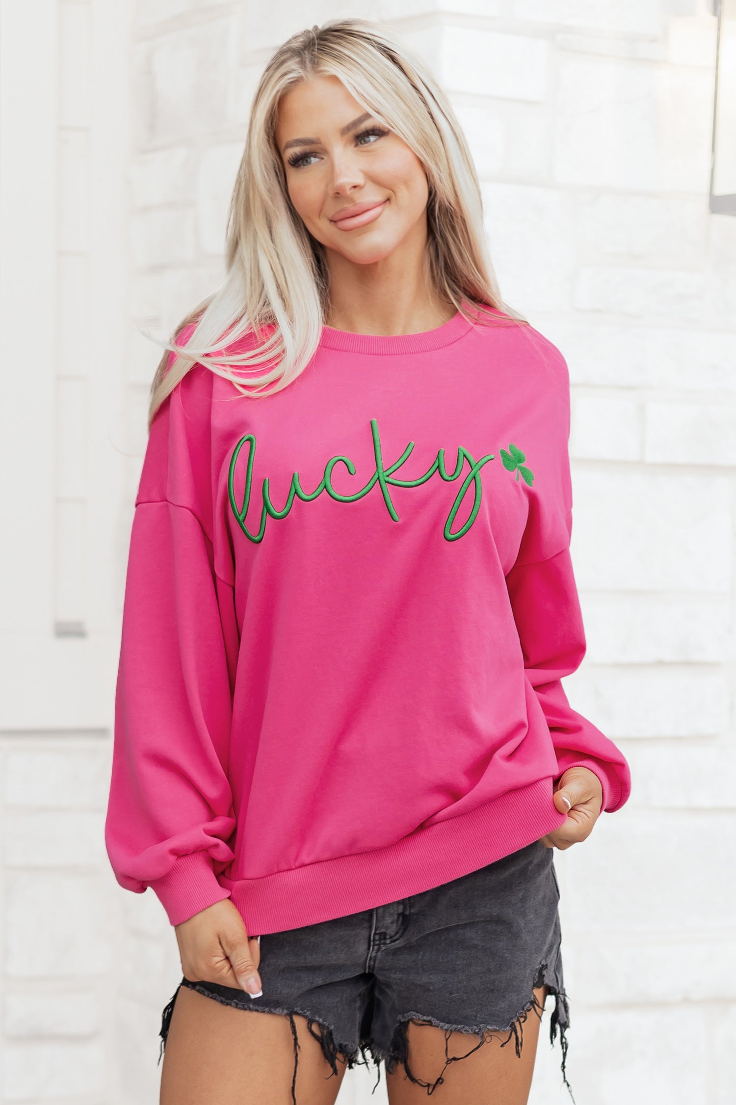 Rose Red Lucky Clover Embroidered Loose Pullover Sweatshirt