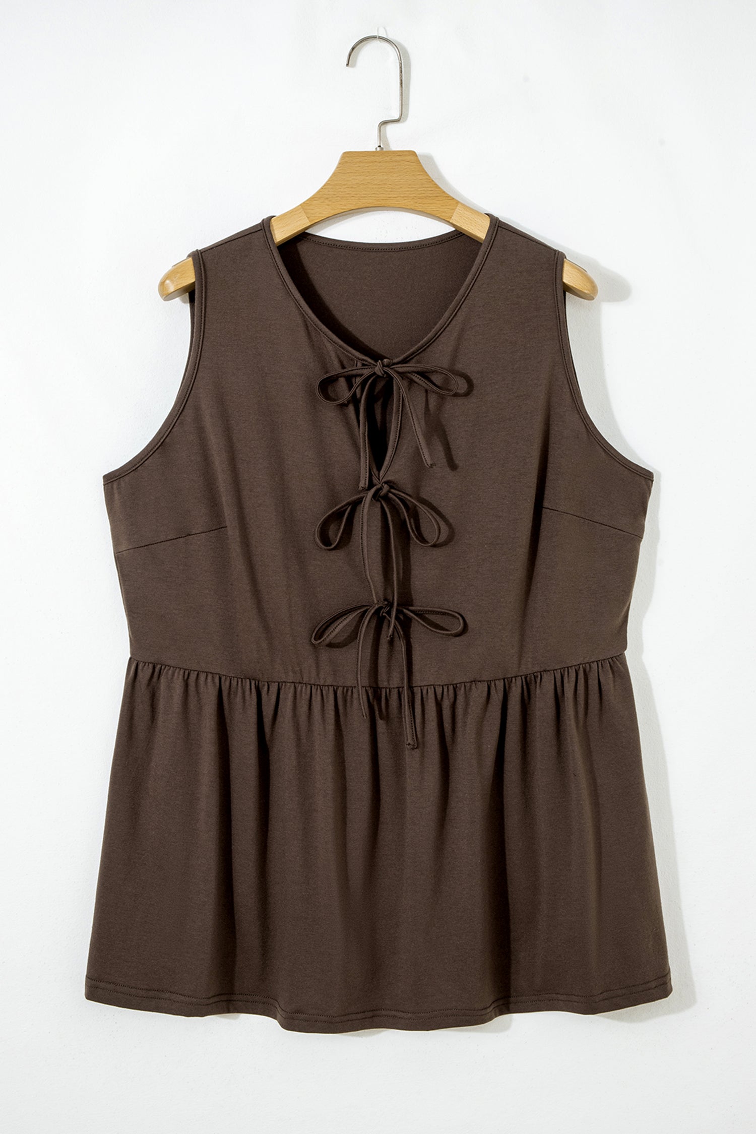 Coffee Plus Size Solid Color Bow Tie Peplum Tank Top