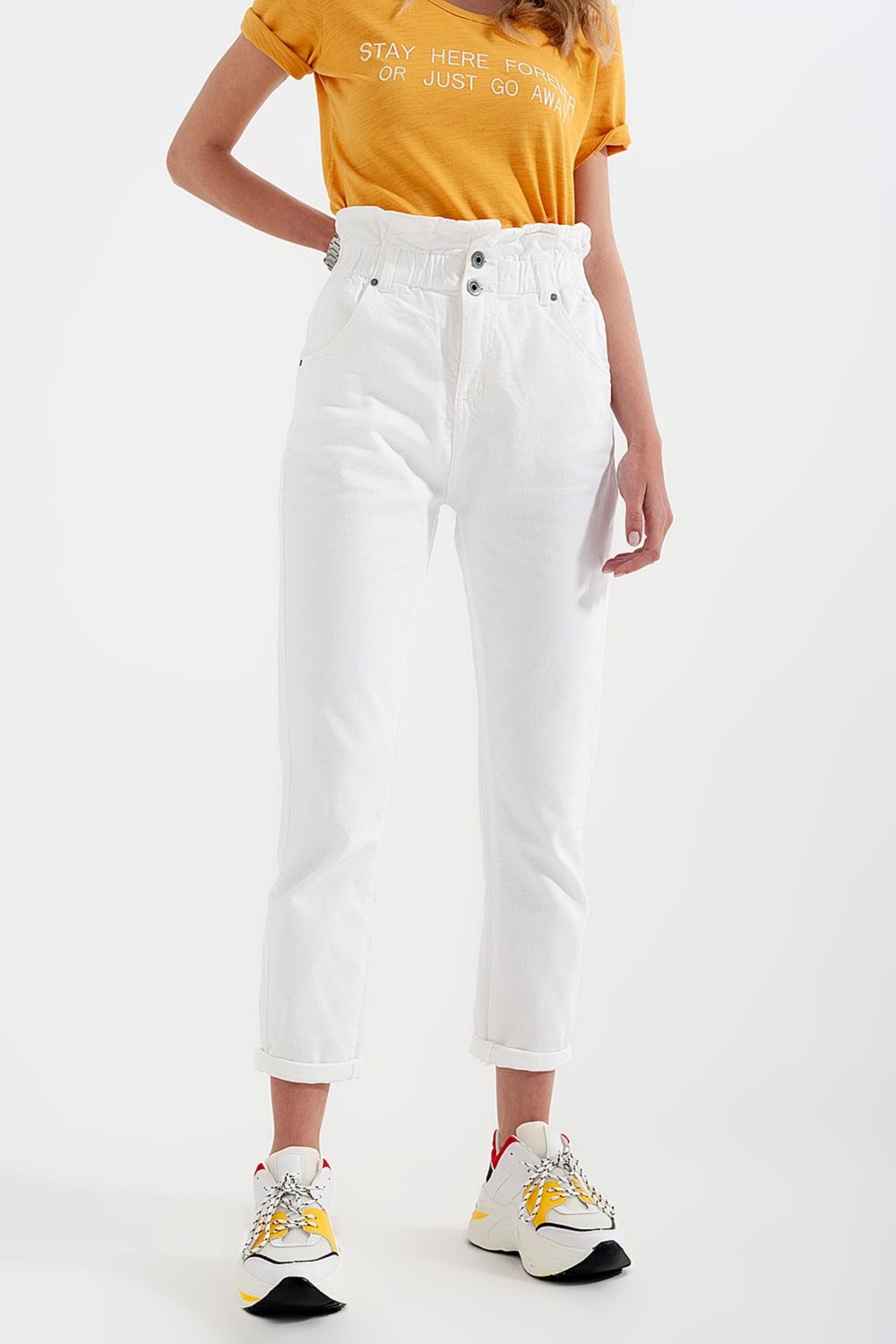 Elasticated Paper Bag Waist Mom Jean in White