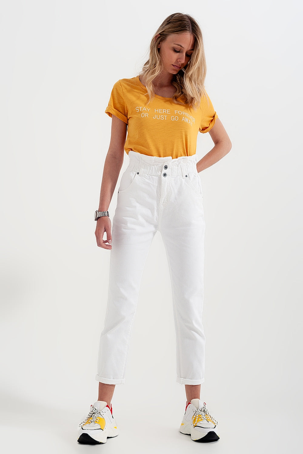 Elasticated Paper Bag Waist Mom Jean in White