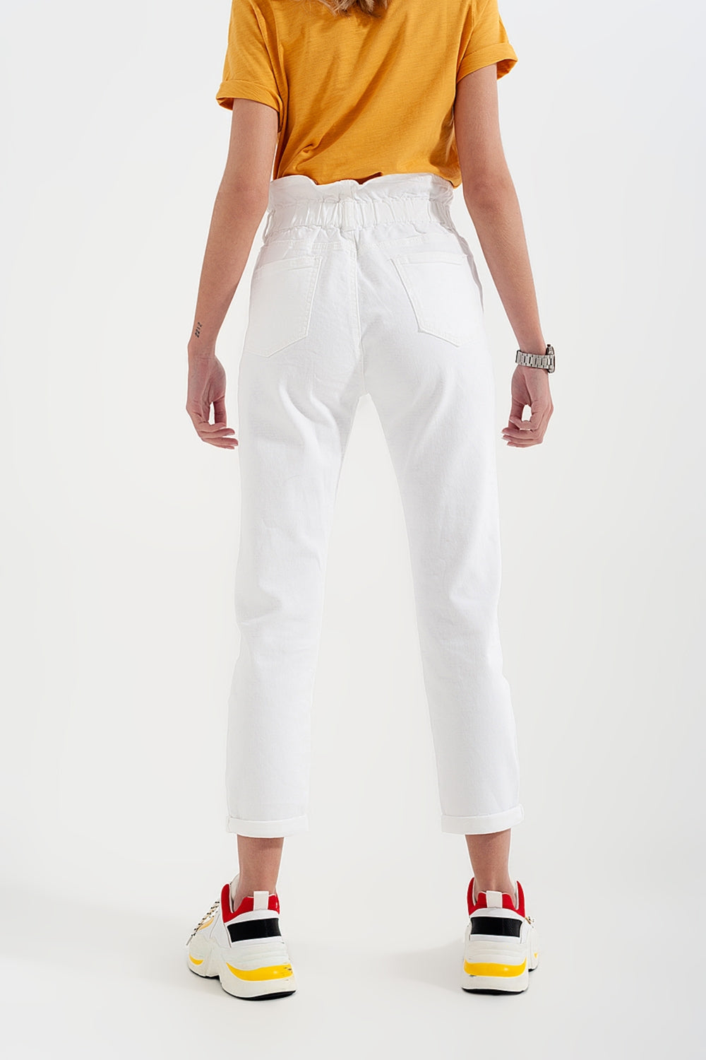 Elasticated Paper Bag Waist Mom Jean in White