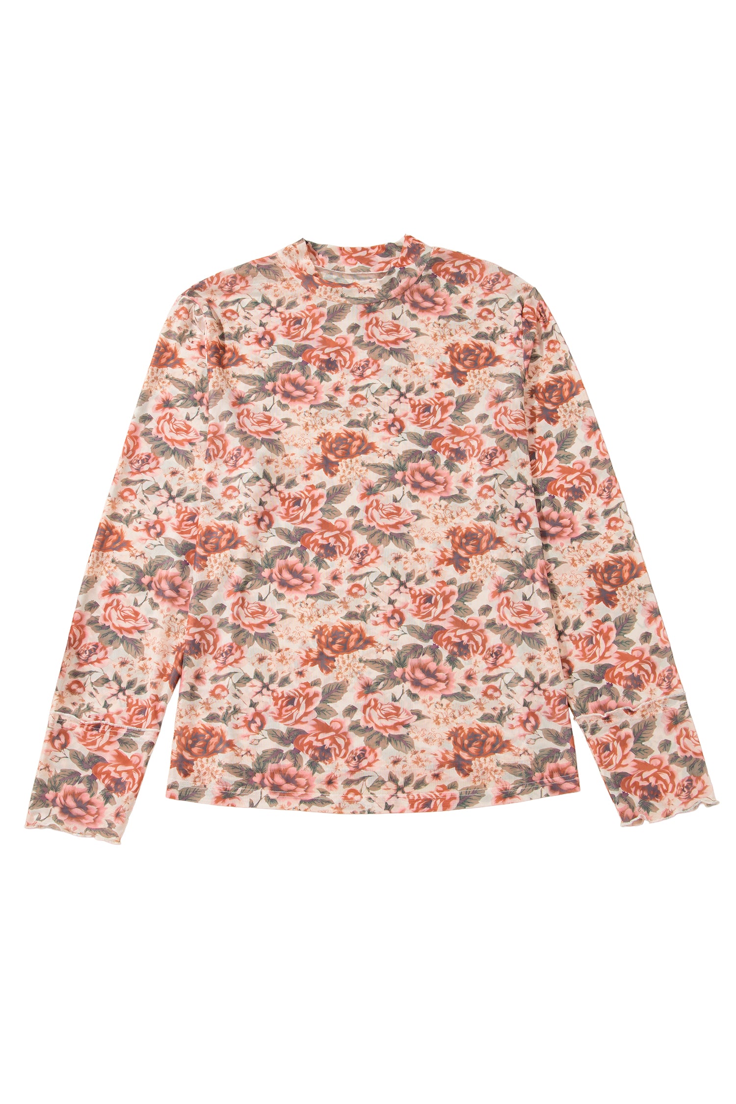 Pink Plus Size Floral Mock Neck Long Sleeve Slim Top